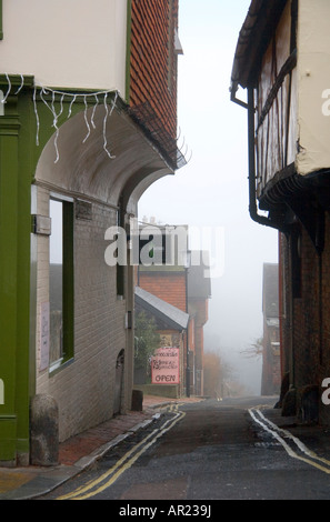 Mittelalterliche Geschäfte entlang der Seite einer traditionellen Twitten Gasse in Lewes East Sussex Stockfoto