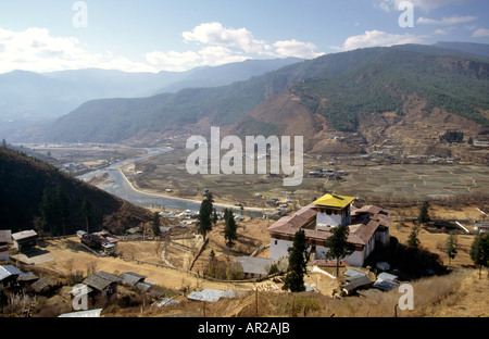 Bhutan Paro-Tal und Dzong von Ta Dzong Stockfoto