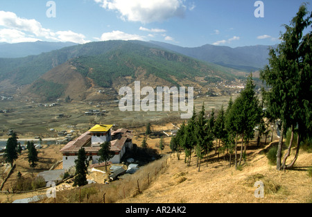 Bhutan Paro-Tal und Dzong von Ta Dzong Stockfoto