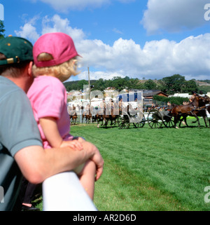 Ein Vater und Kind beobachten The Kings Troop Royal Horse Artillery auf der Royal Welsh Agricultural Show in Builth Wells Powys Wa Stockfoto