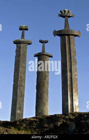 Drei Viking Grünlandfläche am Hafrsfjord schließen, Stavanger, Norwegen, Stavanger Sverd Fjell Stockfoto