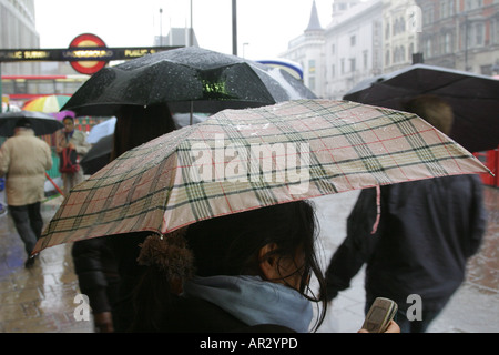 Eine Frau prüft ihr Mobiltelefon einen Regenschirm halten, während ein starker Regenguss Regen, Tottenham Court Road, London, UK. Stockfoto