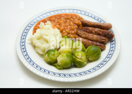 Sprossen, gebackene Bohnen, Würstchen und Kartoffelbrei Essen Stockfoto