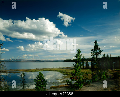 Yellowstone Nationalpark in Wyoming, wo Yellowstone Lake an einem Sommertag mit ruhigem Wasser und Schönwetter-Wolken gesehen wird Stockfoto