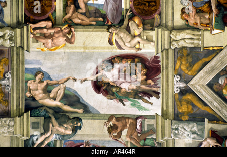 Gott erschafft Adam von Michelangelos Sixtinische Kapelle Vatikan Stockfoto