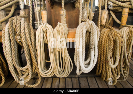 Linien für die HMS Surprise, 18. Jahrhundert königliche Marine Fregatte (Nachbau), Maritime Museum of San Diego, Kalifornien Stockfoto