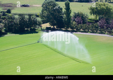 Luftaufnahme des kommerziellen Sprinkler. Hochdruck-Bewässerung von landwirtschaftlichen Flächen Pflanzen und Rasenflächen.  Bauernhof. Dorset. VEREINIGTES KÖNIGREICH. Sommer Stockfoto