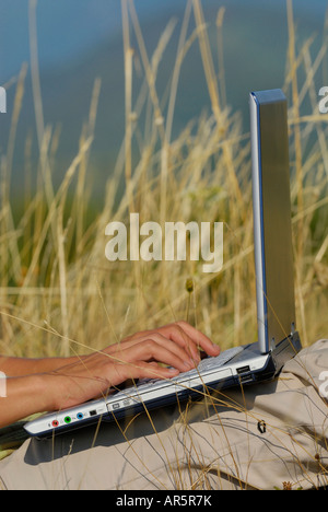 FRAU ARBEITEN UND LERNEN VOR EINEM LAPTOPCOMPUTER, AUF DEM RASEN DRAUßEN IM PARK Stockfoto