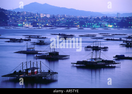 Stadtbild mit Muschel schwimmt, Vigo, Ria de Vigo, Rias Baixas, Provinz Pontevedra, Galicien, Spanien Stockfoto