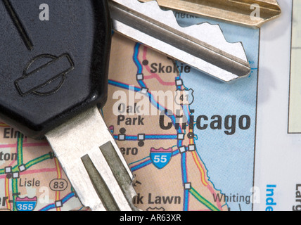 Eine Nahaufnahme von einer Karte von Chicago Illinois mit Autoschlüssel Stockfoto