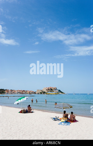 Strand mit der Stadt und der Citadelle in der Ferne, Calvi, die Balagne, Korsika, Frankreich Stockfoto