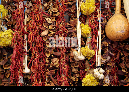 Paprika Schnur aufgereiht dekorative ganze Krawatte Thread Haufen rote Seil Pfeffer heiß brennen Spice würzig scharf Haufen Haufen bewahren Stockfoto