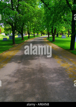 Verträumt, von Bäumen gesäumten Straße, umgeben von üppigem Grün und schlängelt sich durch den Mount Olivet Cemetery in Salt Lake City, Utah. Stockfoto
