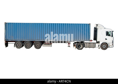 Europäische Flachbett-18-Wheeler mit Metallbehälter Stockfoto