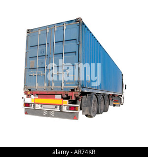 Europäische Flachbett-18-Wheeler mit Metallbehälter Stockfoto