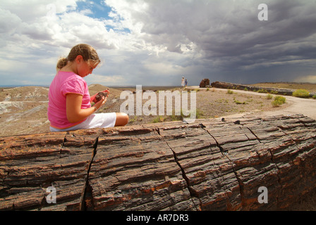 Eine Mädchen 11 Studien einen Abschnitt eines versteinerten Protokolls auf dem riesigen Logs Trial regen Wolken Webstuhl in der Ferne Stockfoto