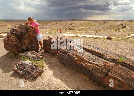 Eine Mädchen 11 Studien einen Abschnitt eines versteinerten Protokolls auf dem riesigen Logs Trial regen Wolken Webstuhl in der Ferne Stockfoto