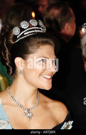 Schwedische Kronprinzessin Victoria am Gala-Dinner zu Ehren der Nobelpreisträger im blauen Saal im Rathaus von Stockholm Stockfoto