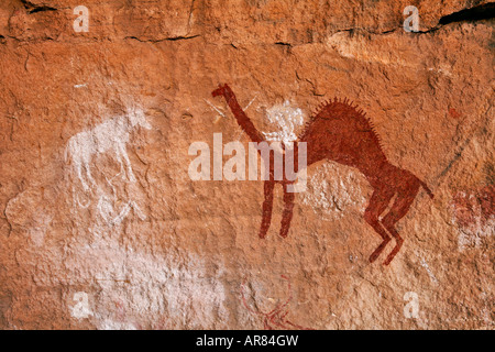 Malte Kamel Felsbildkunst im Akakus Gebirge Wüste Sahara Libyen Stockfoto