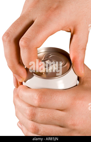 Hände, öffnen eine Getränke-Dose Stockfoto
