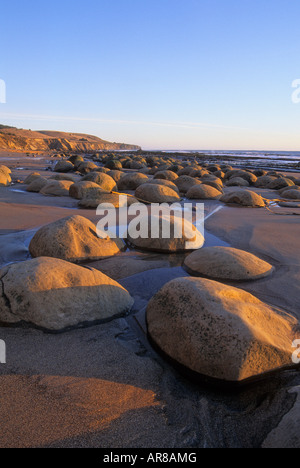 Sonnenuntergang über dem Pazifik am Bowling Ball Beach, Schoner Gulch State Beach, Kalifornien, USA Stockfoto