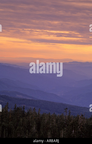 Sonnenuntergang über den Sacramento River Valley von Panther Wiese, Mount Shasta, Shasta Trinity National Forest, Kalifornien, USA Stockfoto