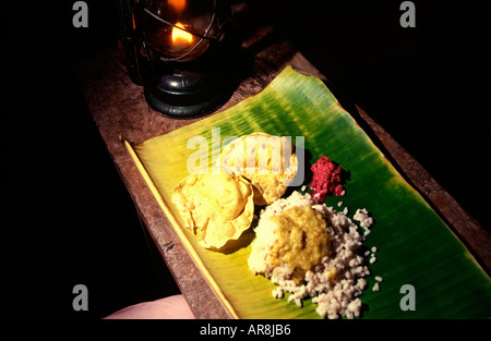 Typisch Südindische Thali Mahlzeit serviert auf einem Bananenblatt Stockfoto