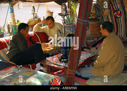 Männer, die Tee im Beduinen Zelt, Taba Heights, Sinai, Ägypten Stockfoto