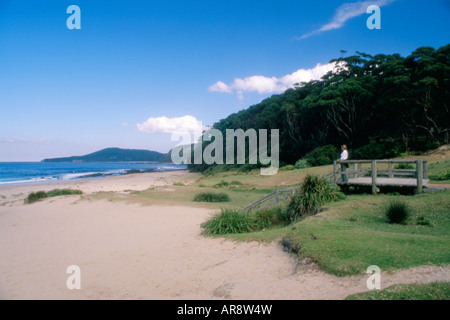 Person mit Blick auf Küste in Pebbly Beach, Murramarang Nationalpark, New South Wales Australien Stockfoto