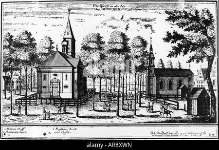 Geografie/Reisen, Deutschland, München, Mariahilfplatz, Mariahilfkirche links, Heilig-Kreuz-Kapelle rechts, Ansicht, Kupferstich von Johann Stridbeck dem Jüngeren (1665 - 1714), Stockfoto