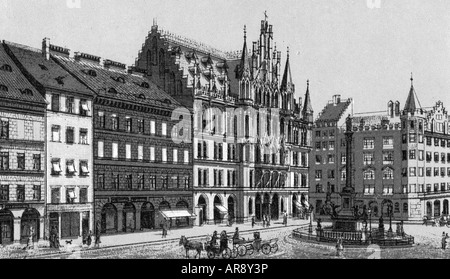 Geographie/Reise, Deutschland, München, Marienplatz, Aussicht, Gravur, ca. um 1880, Stockfoto