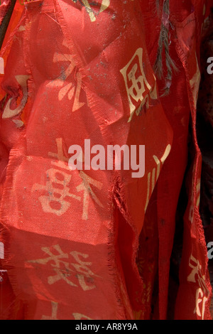 Fire cracker Band mit der chinesischen Schrift in Gold close up in Wat Chalong Tempel, Phuket, Thailand gefunden Stockfoto