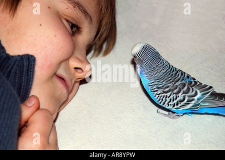 Junge in einem Spiel mit seinem Papagei. Stockfoto