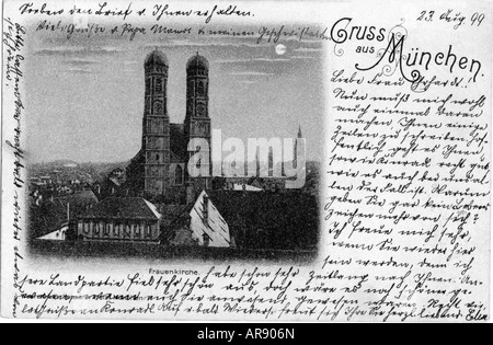 Geographie/Reise, Deutschland, München, Kirchen, Frauenkirche, Außenansicht, Postkarte, gestempelt 23.8.1899, Stockfoto