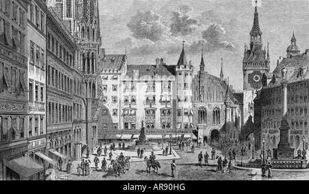 Geografie/Reisen, Deutschland, München, Marienplatz, Aussicht, Holzgravur, 1880, Stockfoto