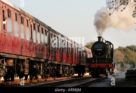 Eine Dampflok fährt vorbei an einer Reihe von Wagen. Stockfoto