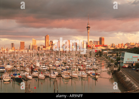 Yachten im Waitemata Harbour (Westhaven Harbour) mit Skytower in Auckland Skyline bei Sonnenuntergang Stockfoto