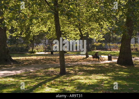 Frau auf der Bank im Herbst Licht. Russell Square, Bloomsbury, Camden, London, England Stockfoto