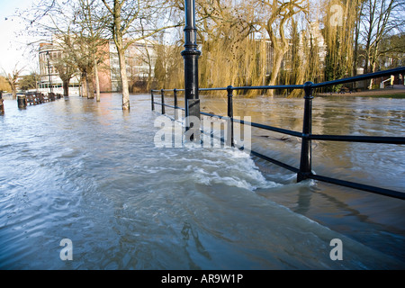 Die überfluteten Fluss Wey verschlingt einen Parkplatz und die Uferpromenade in Guildford Stadtzentrum Guildford, Surrey, England. Stockfoto