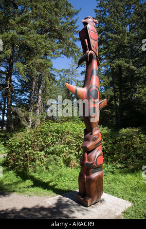 Totempfahl auf Spuren von Wickanninish Beach South Beach Pacific Rim National Park reserve Vancouver Island Kanada Stockfoto