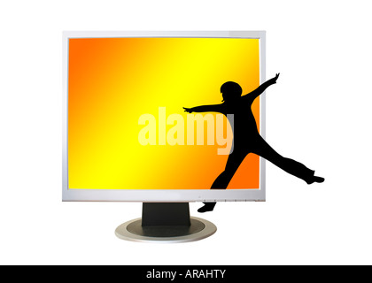 Mann springt aus einem Flachbildschirm LCD Computer-Monitor, isoliert auf weiss Stockfoto