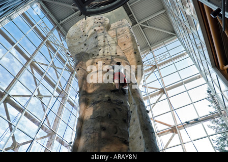 Mann auf Kletterwand am REI Sportartikel speichern Stadtzentrum von Seattle Washington Stockfoto