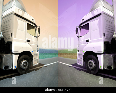 Zwei weiße LKW auf der Straße Stockfoto
