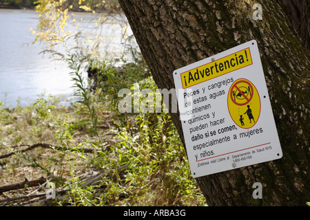 Warnzeichen auf Spanisch gegen Fisch zu essen. Albany, New York State, USA Stockfoto