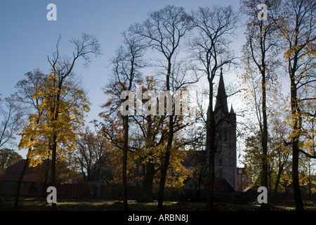 Der Turm der St.-Johannes Kirche hinter Bäumen, Cesis Lettland Stockfoto