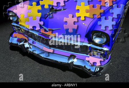 Eklektische Komposition mit front-End des spektakulären Chevrolet 1956 und Jig-Saw Puzzle-Teile Stockfoto