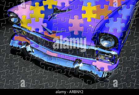 Eklektische Komposition mit front-End des spektakulären Chevrolet 1956 und Jig-Saw Puzzle-Teile Stockfoto