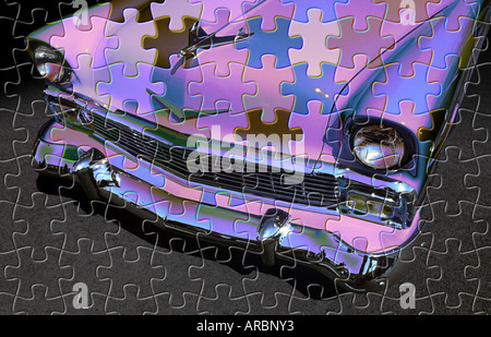Eklektische Komposition mit front-End des spektakulären Chevrolet 1956 und Jig-Saw Puzzle-Teile Stockfoto