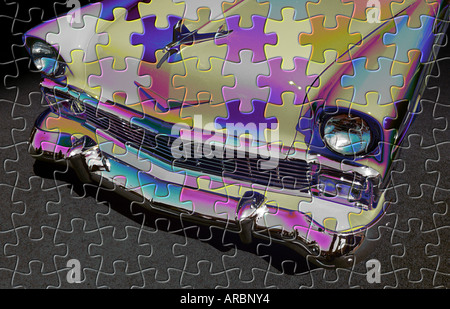 Eklektische Komposition mit front-End des spektakulären Chevrolet 1956 und Jig-Saw Puzzle-Teile Stockfoto