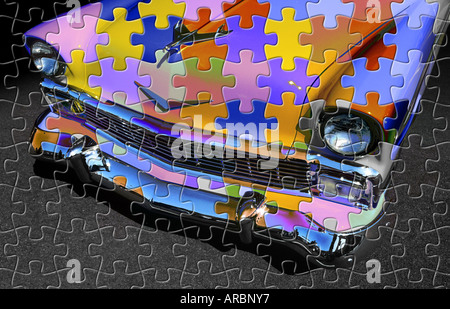 Eklektische Komposition mit front-End des spektakulären Chevrolet 1956 und Jig-Saw Puzzle-Teile Stockfoto